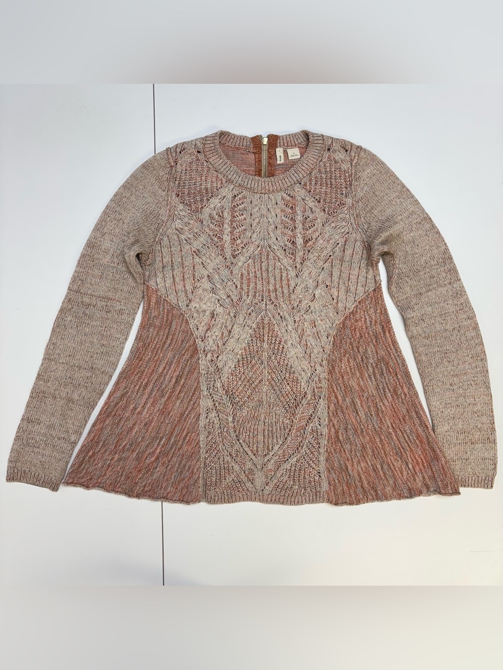 Moth Anthropologie Heathered Pink and Peach Cable Knit Scoop Sweater
